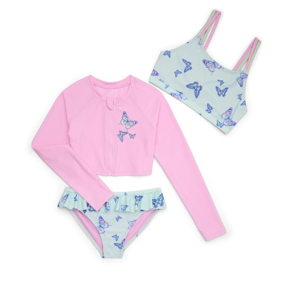 Wonder Nation Girls Long Sleeve Zip-Up Crop Rash Guard with Top and Bottom